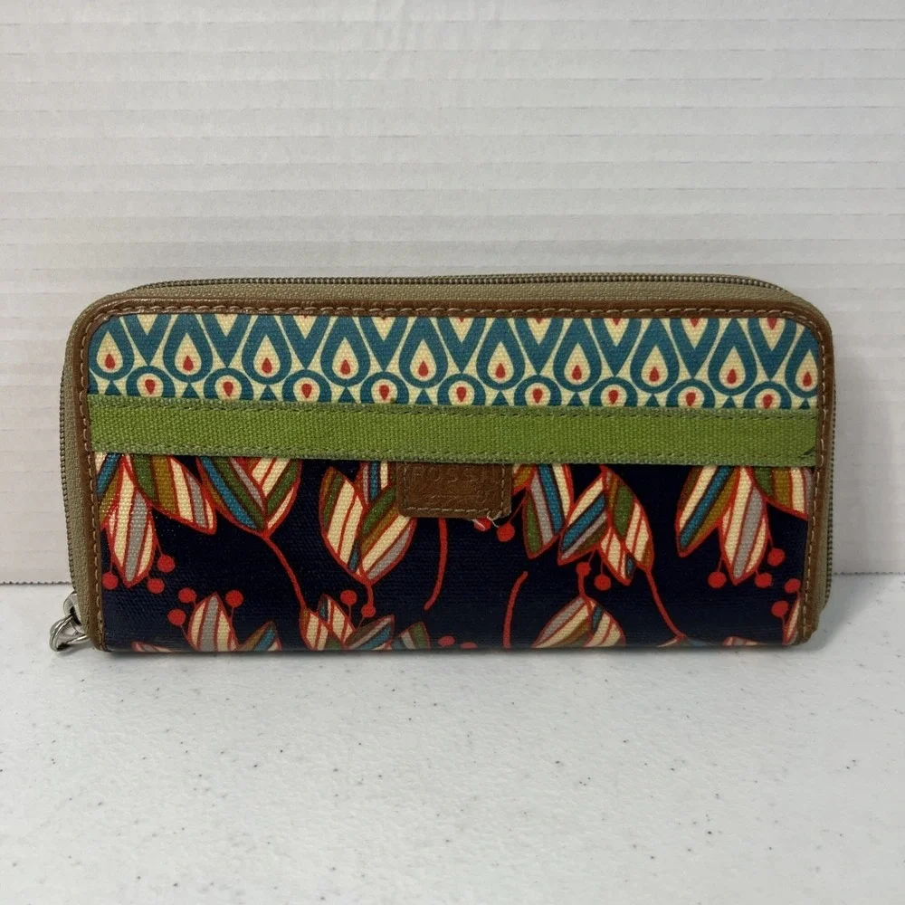 Vintage Fossil Key-Per Zip Around Card Wallet Coated Canvas City